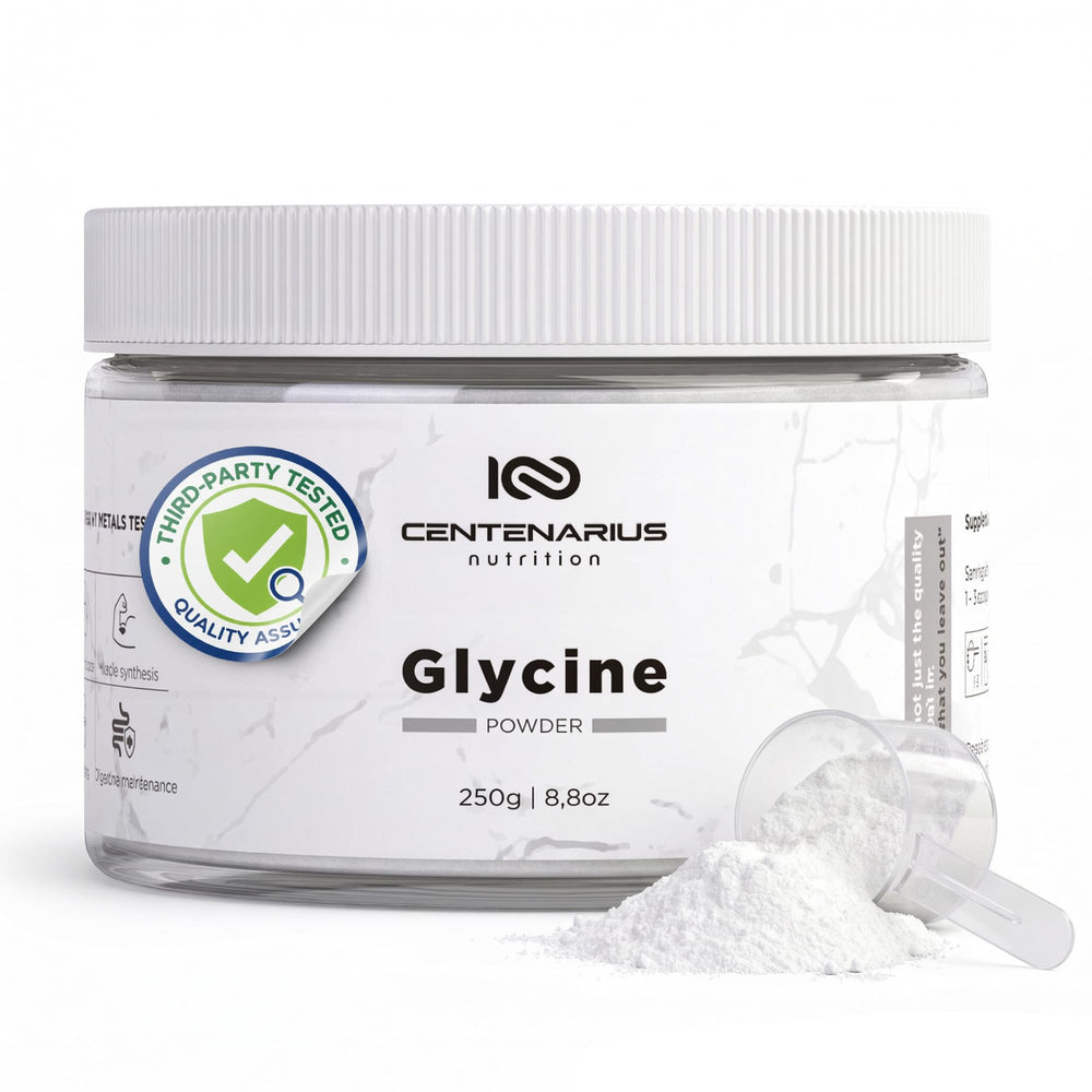 Centenarius Nutrition glycine powder jar for post-workout recovery potential