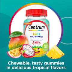Centrum Kids Multivitamin Gummies passion fruit flavor on bright background for growth support
