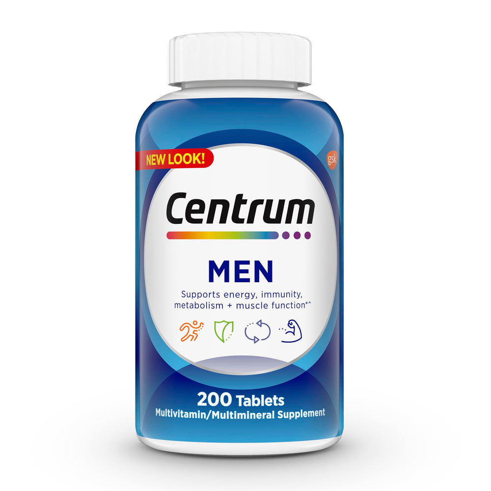 Centrum Men multivitamin bottle showing daily energy and immune support formula