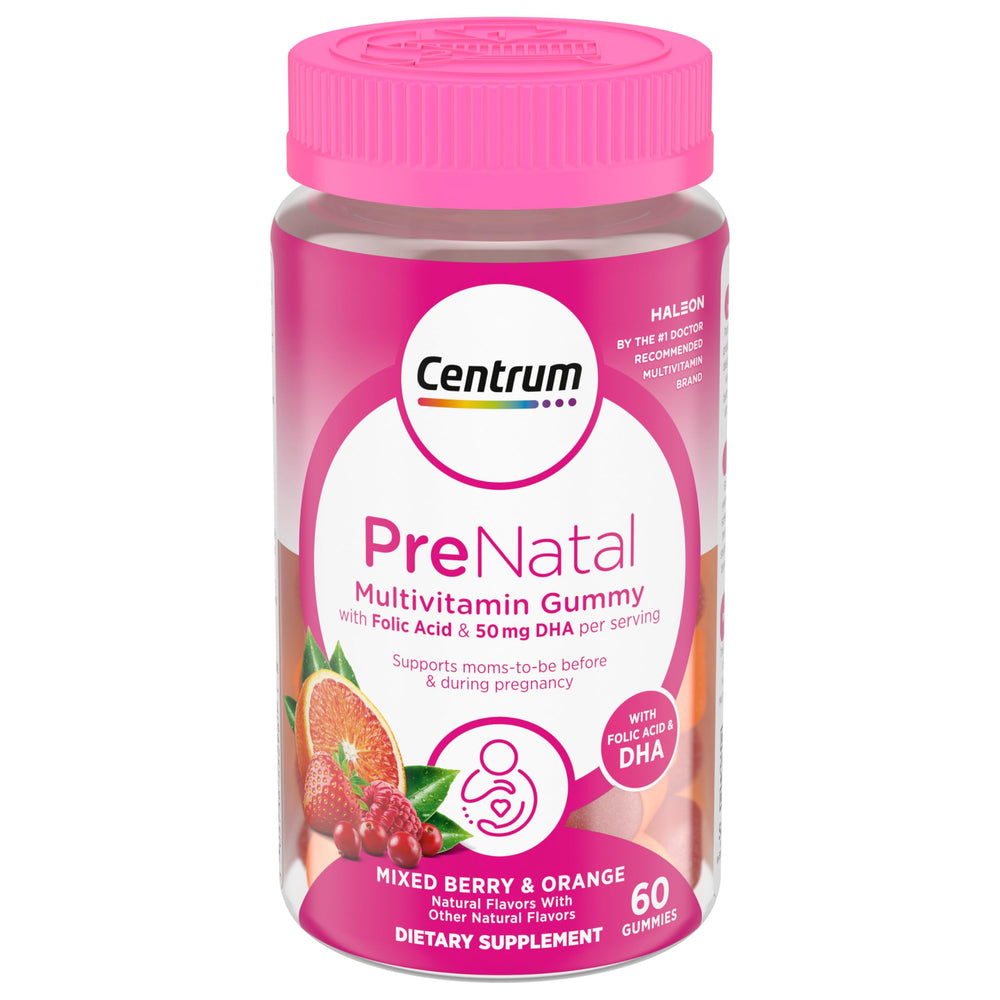 Centrum Prenatal bottle with mixed berry flavor supports daily prenatal nutrition.