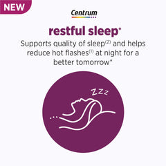 Centrum Restful Sleep bottle cap close-up showing easy-to-take tablets.
