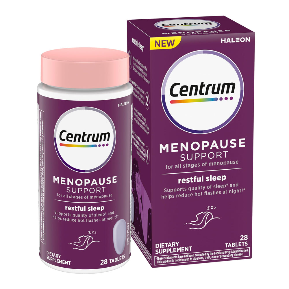 Centrum Restful Sleep bottle front highlighting menopause support and calm nights.