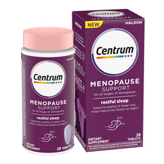 Centrum Restful Sleep bottle front highlighting menopause support and calm nights.