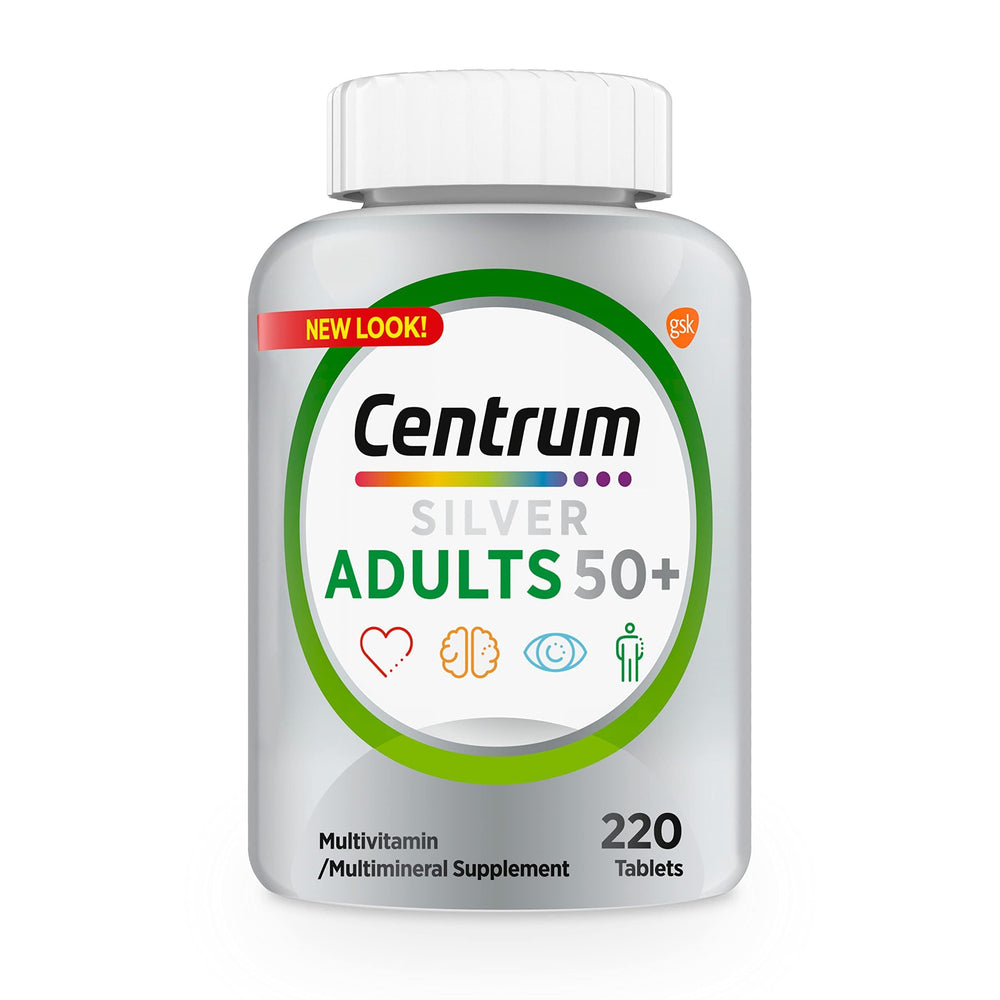 Centrum Silver bottle front view highlights a complete senior health supplement.
