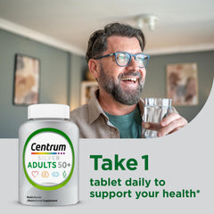 Centrum Silver pour capsules depicts quick, daily supplementation.