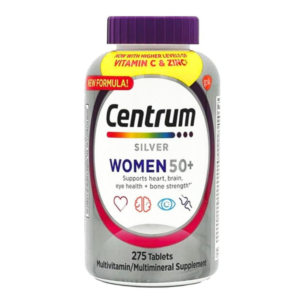 Centrum Silver Women 50+ bottle pour demonstrates easy daily supplementation for heart and bone support.