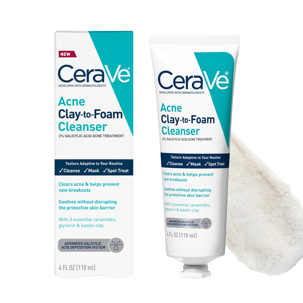 CeraVe Acne Clay-to-Foam Cleanser bottle close-up for fragrance-free daily acne care