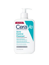 CeraVe Acne Control Cleanser bottle pouring, helping control oil shine.