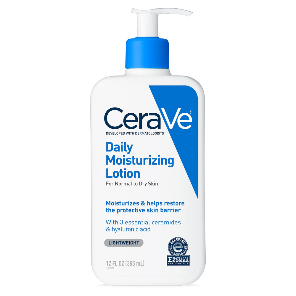 CeraVe Daily Moisturizing Lotion bottle front highlights fragrance-free, oil-free hydration for sensitive skin.