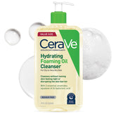 CeraVe Hydrating Foaming Oil Cleanser bottle shows fragrance-free formula for sensitive skin.