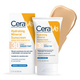 CeraVe Hydrating Mineral Sunscreen Sheer Tint bottle blending into skin with natural glow