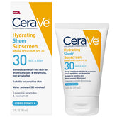 Cerave Hydrating Sheer Sunscreen face bottle shows hydration-friendly protection.