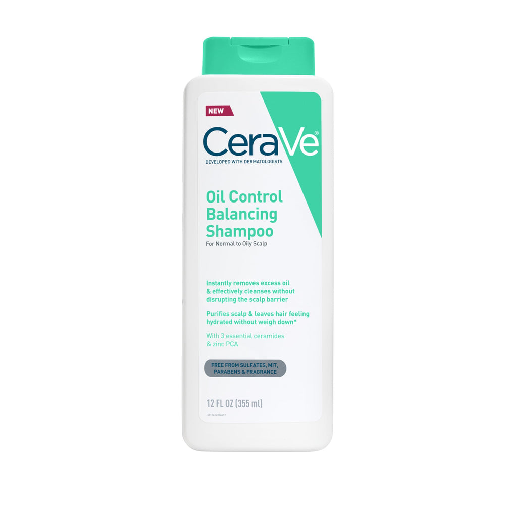 CeraVe Oil Control Balancing Shampoo bottle shows oil control for all hair types.