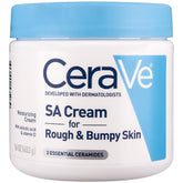 CeraVe SA Cream bottle on leg showing smoother rough skin texture