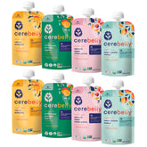 Cerebelly organic baby food pouches variety pack for on-the-go veggie and fruit meals.