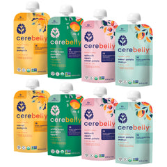 Cerebelly organic baby food pouches variety pack for on-the-go veggie and fruit meals.