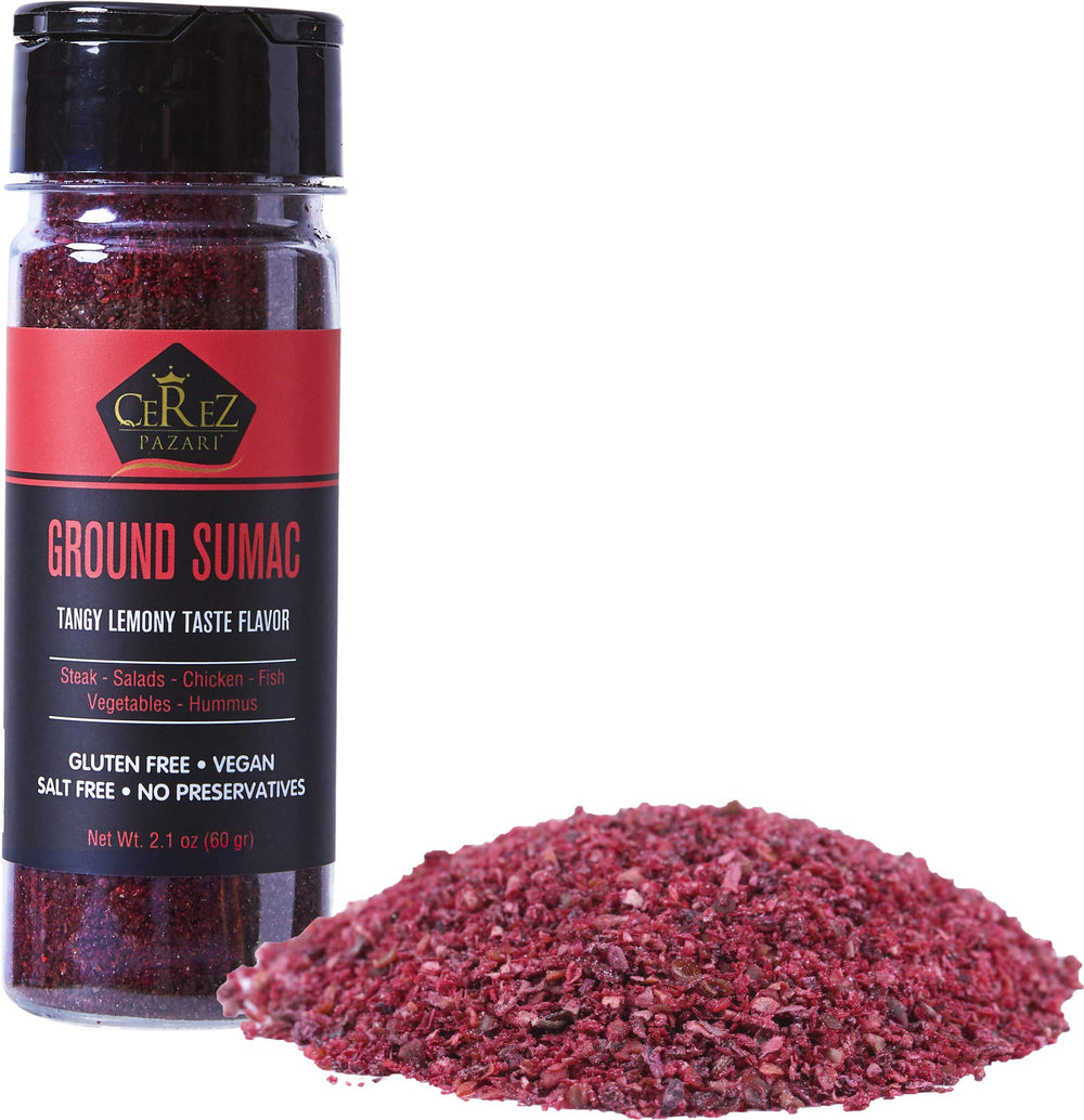 Cerez Pazari sumac powder jar adds tangy citrus notes to dishes.