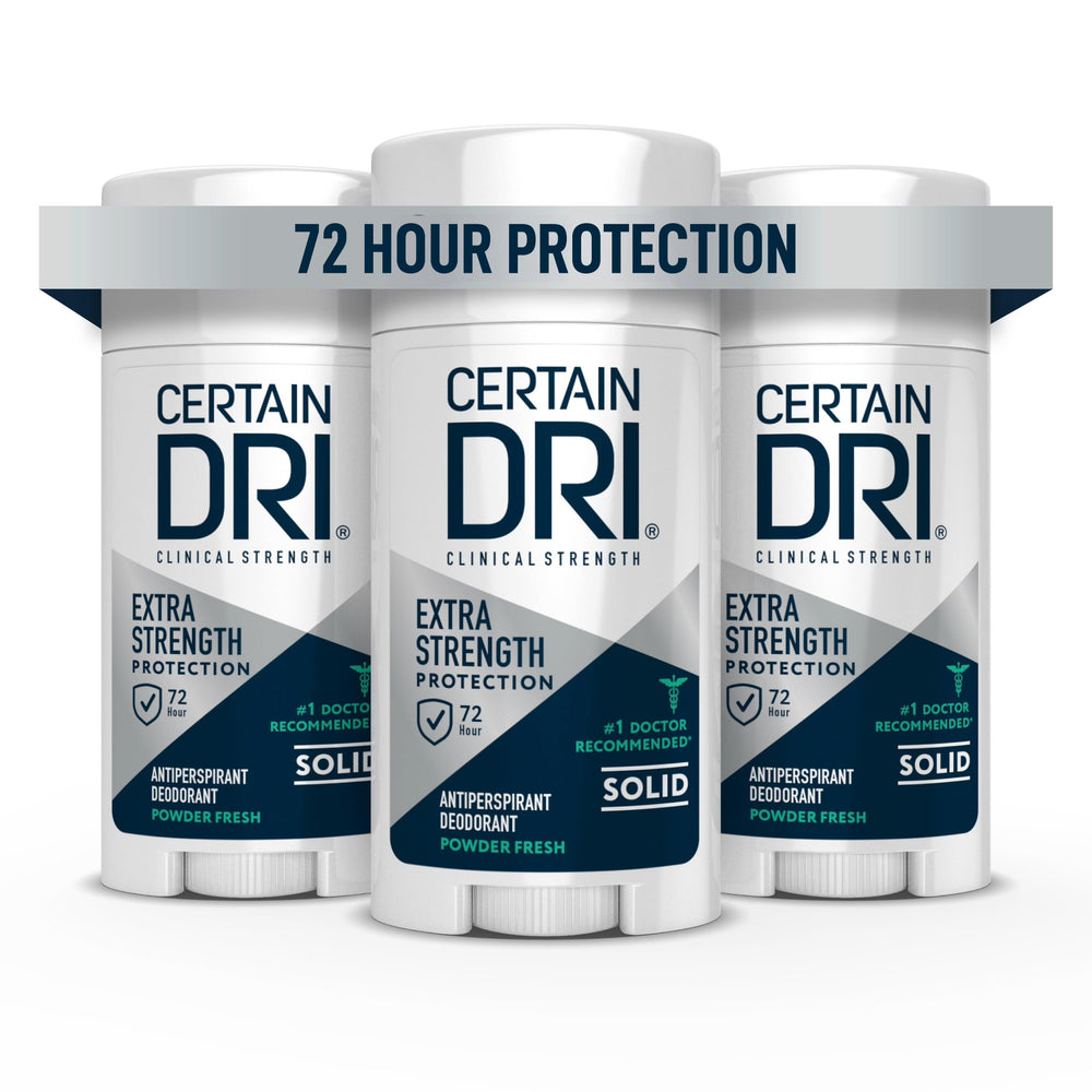 Certain Dri Extra Strength clinical antiperspirant stick ready for precise application and long-lasting moisture control.