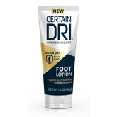 Certain Dri foot lotion bottle close-up for long-lasting dryness and freshness.