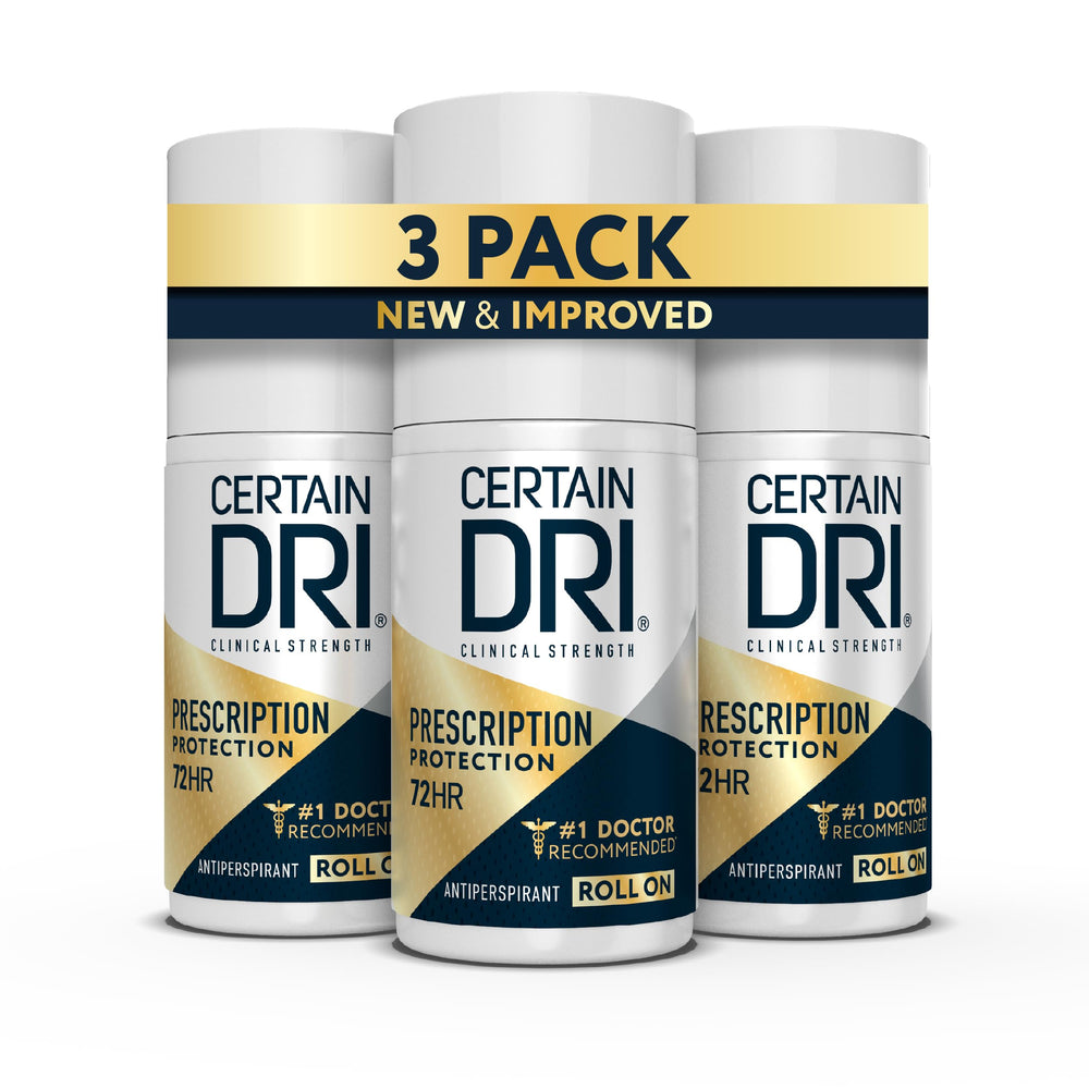 Certain Dri prescription-strength roll-on bottle offers up to 72 hours of dryness