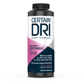Certain Dri Women’s Body Powder bottle closeup showing talc-free formula for sensitive skin.