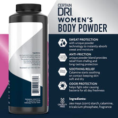 Certain Dri Women’s Body Powder being dusted on skin to absorb moisture.