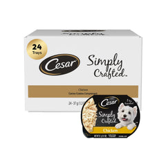 Cesar Simply Crafted chicken topper tub open, ready to mix with dry kibble for flavor.