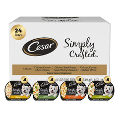 Cesar Simply Crafted toppers chicken tub packaging highlights real chicken as the primary ingredient.