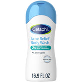 Cetaphil Acne Relief Body Wash bottle shows 2% salicylic acid for clearer skin.