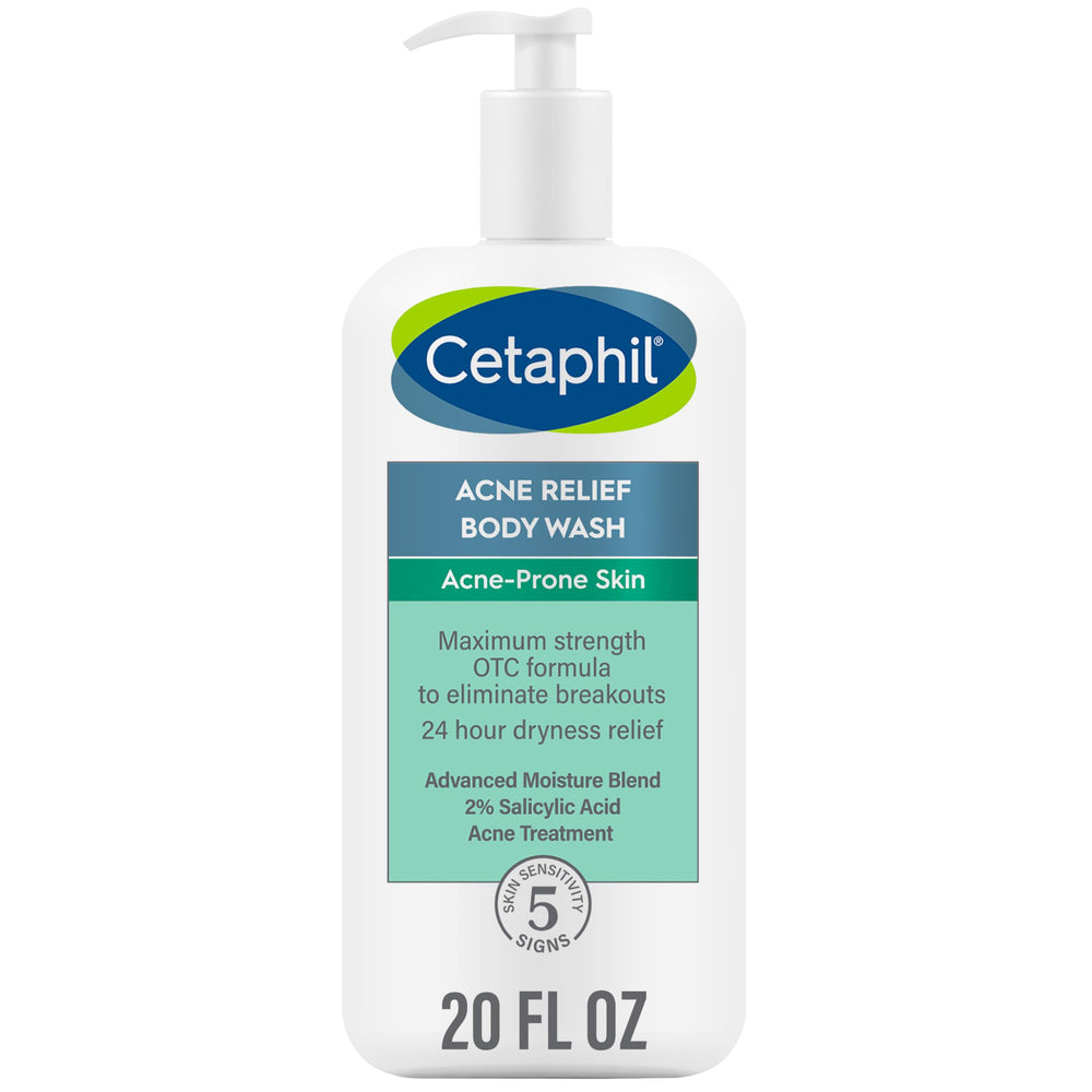 Cetaphil Acne Relief Body Wash bottle pour with two-percent salicylic acid for clear skin.