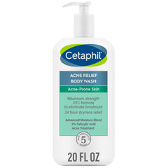 Cetaphil Acne Relief Body Wash bottle pour with two-percent salicylic acid for clear skin.