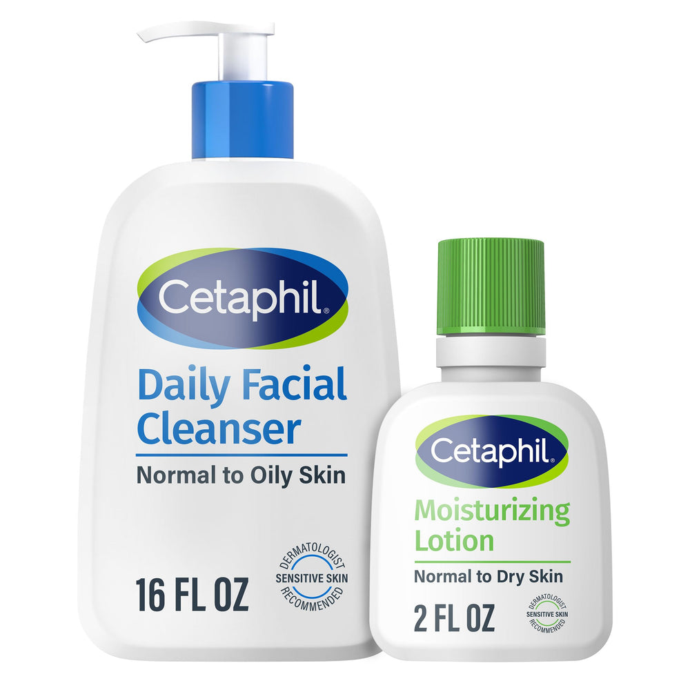 Cetaphil Daily Facial Cleanser bottle front shows fragrance-free formula for sensitive skin.