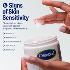 Cetaphil fragrance-free label on tub — suitable for sensitive skin.