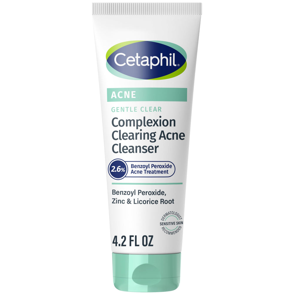 Cetaphil Gentle Clear cleanser bottle against a sensitive skin care setting