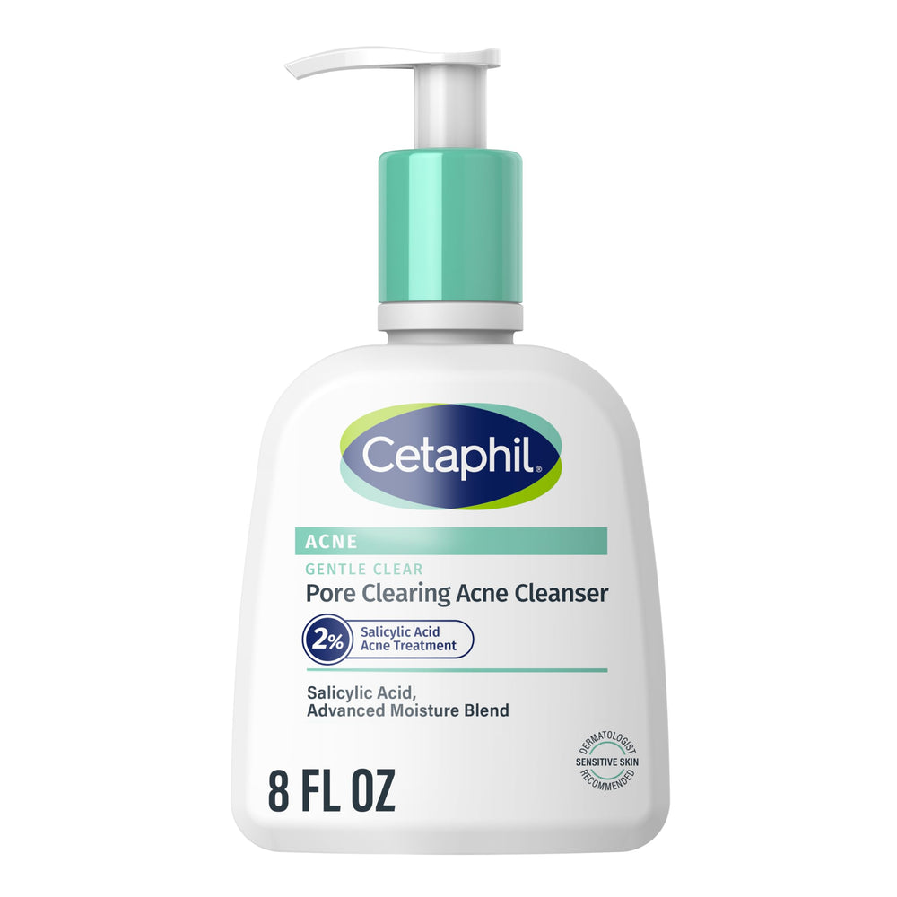 Cetaphil Gentle Clear bottle with pump for acne-prone skin daily cleansing.