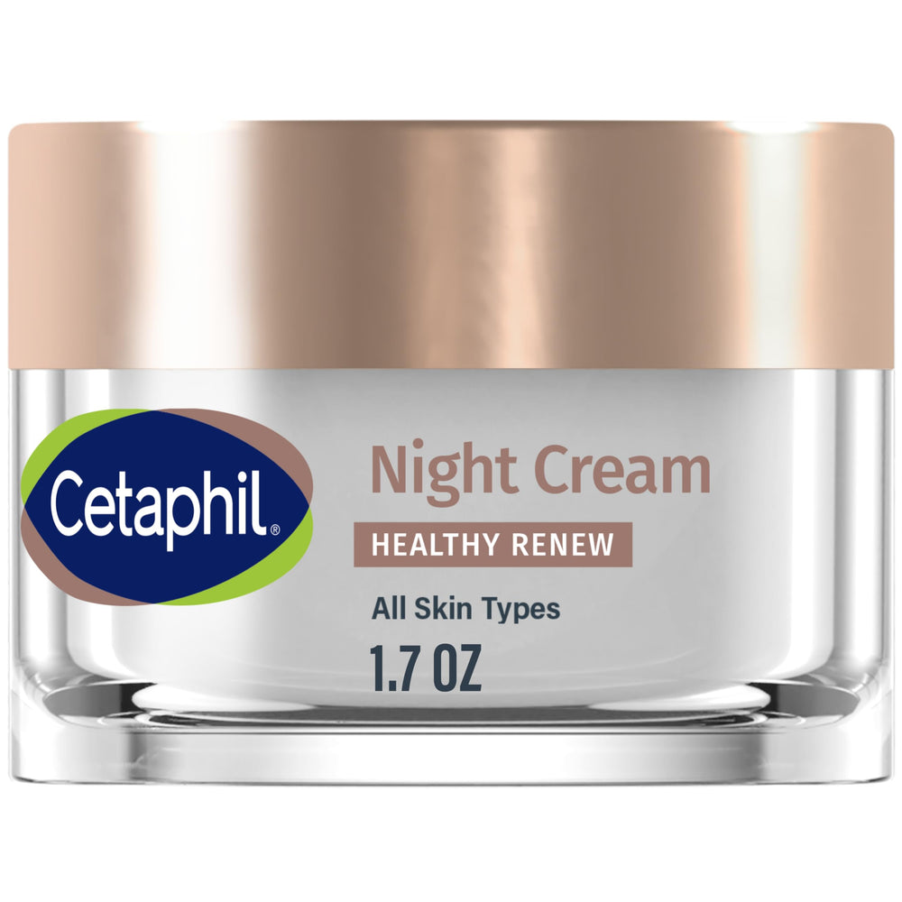 Cetaphil Healthy Renew night cream jar close-up showing fragrance-free formula for sensitive skin