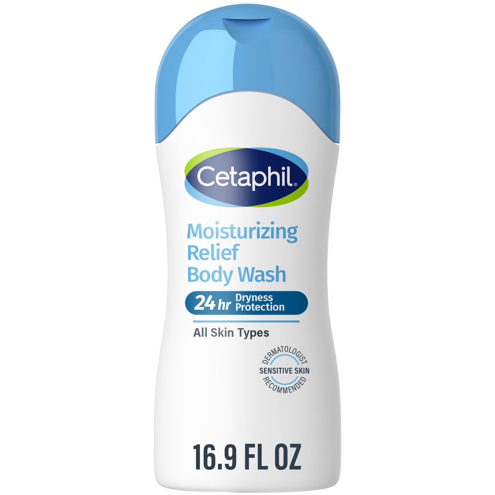 Cetaphil Moisturizing Relief Body Wash bottle highlights fragrance-free formula for sensitive skin.