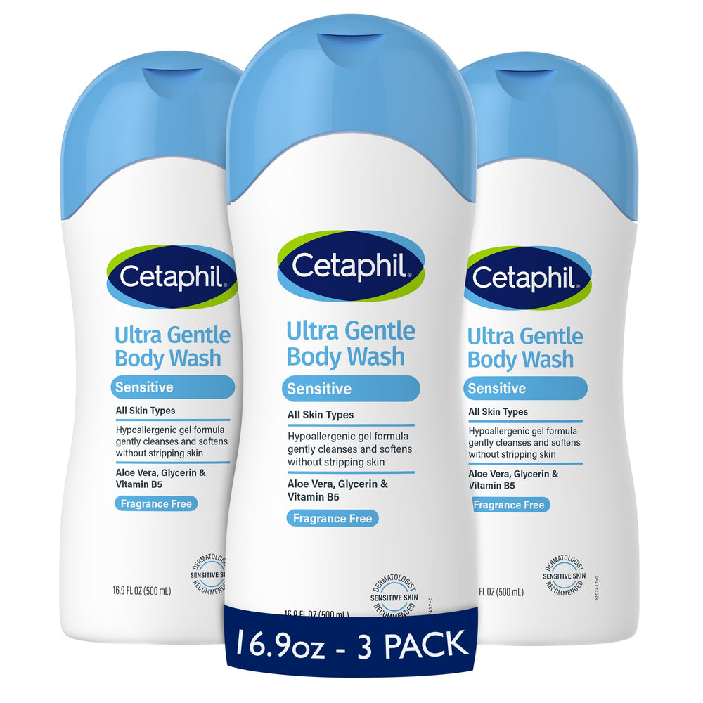 Cetaphil Ultra Gentle Body Wash 3-pack bottle on shelf for sensitive skin daily cleansing