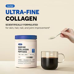 Close-up of Cevitol Marine Collagen powder texture, ultra-fine for quick solubility.