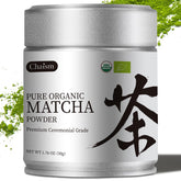 Chaism ceremonial-grade matcha tin close-up showing premium packaging.