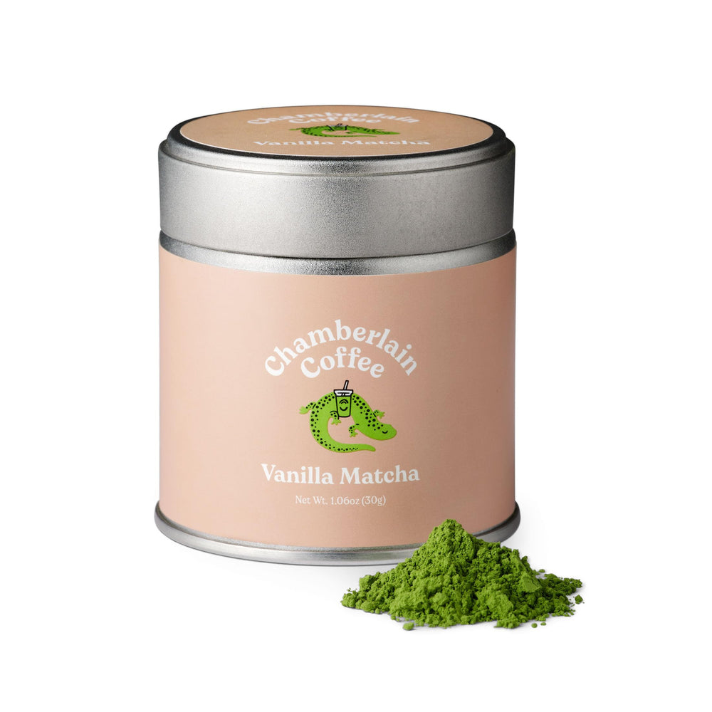 Chamberlain Coffee Vanilla Matcha tin showcasing ceremonial-grade powder for daily rituals