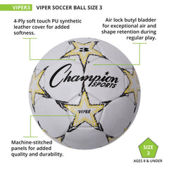 Yellow, black and white Viper Size 3 increases visibility during play.