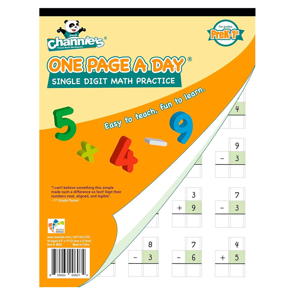 Channie’s One Page A Day cover, beginner-friendly math workbook for early learners.