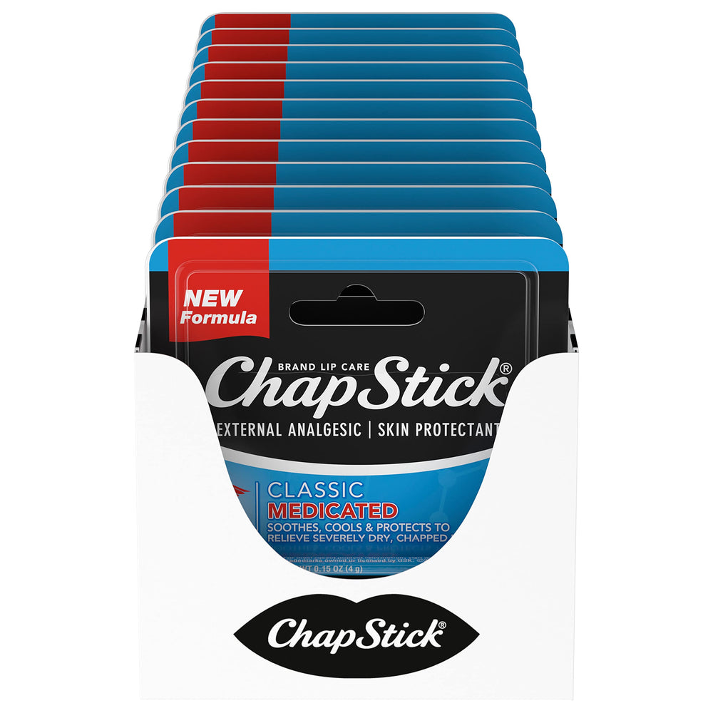 ChapStick Classic Medicated Lip Balm Tube packaging showing a twelve-tube set for on-the-go lip care.