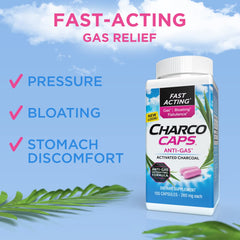 Close-up of activated charcoal capsules highlighting natural toxin-binding digestive support.