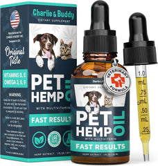 Charlie & Buddy hemp oil bottle for dogs and cats promotes calm.