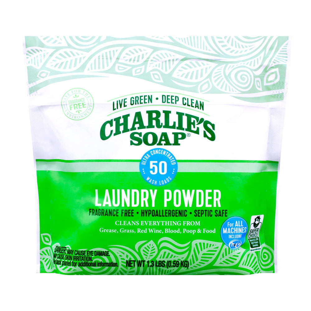 Charlie's Soap laundry powder bottle shows a simple, effective clean for all fabrics.