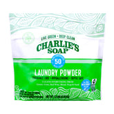 Charlie's Soap laundry powder bottle shows a simple, effective clean for all fabrics.