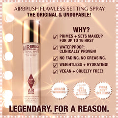 Charlotte Tilbury Airbrush Flawless Setting Spray mist captured mid-air for even application.