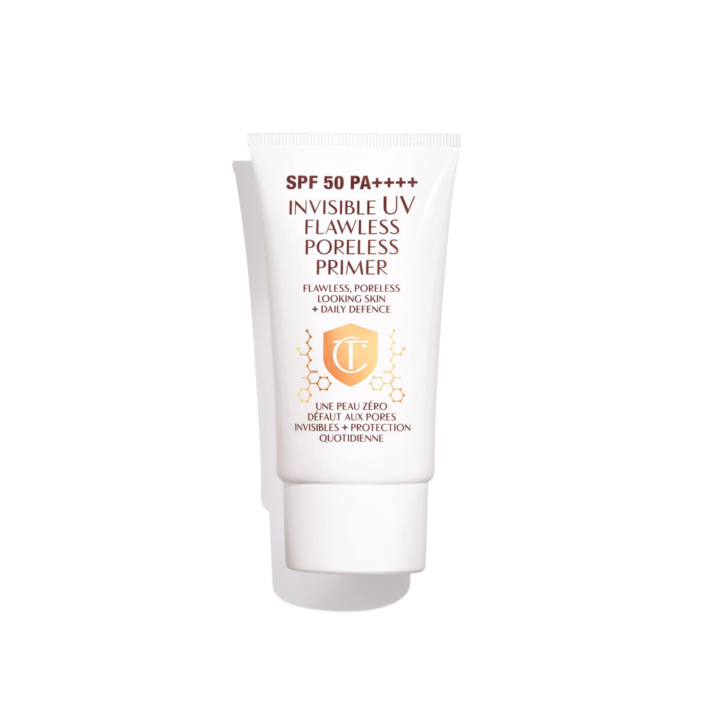 Charlotte Tilbury Invisible UV Flawless Primer bottle showing weightless, invisible finish for all skin tones.